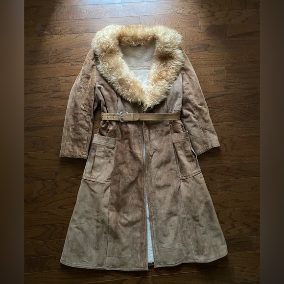 Vintage Penny Lane Shearling Long Leather Coat 70s Fur Collar Trim Sz: Small/Med - Picture 1 of 13